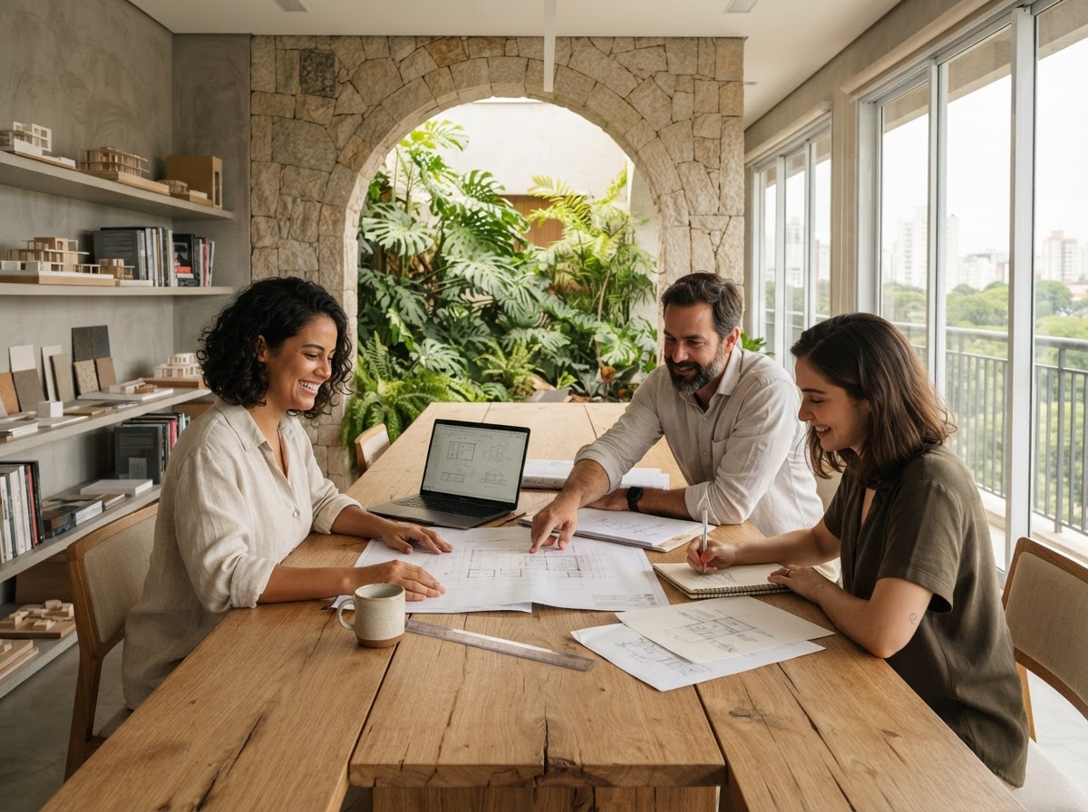 Ampla Zafirura — equipe analisando dados de investimento em ambiente de trabalho natural